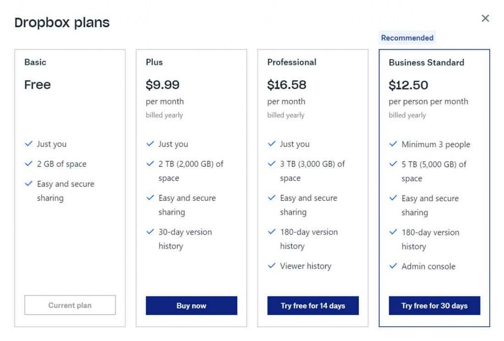 dropbox free storage